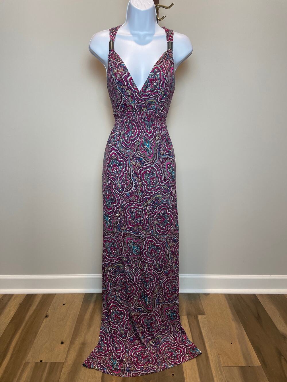 Lascana Dress Size 6 Pink Teal Red Boho Maxi V Neck Stretch Cinched Waist